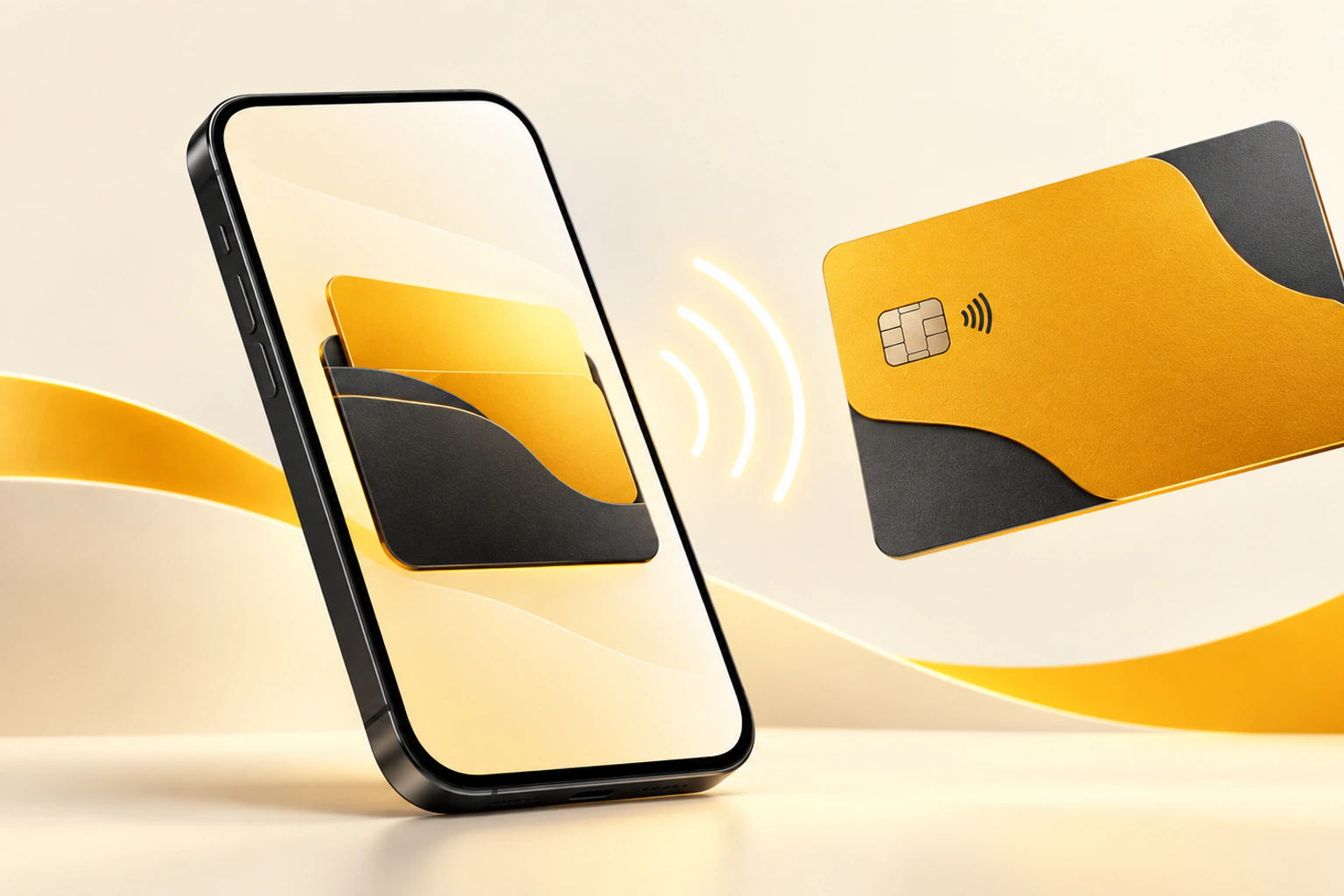Смартфон с цифровым кошельком и золотистой международной картой для Apple Pay